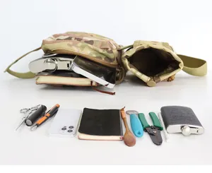 Tactical camouflage waist bag with multi pockets and bottle holder for outdoor gear.