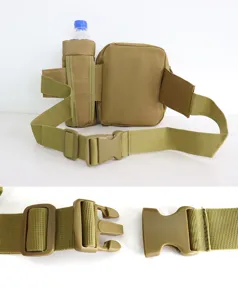 Tactical waist bag buckle and strap adjustment detail for outdoor hiking sports use.