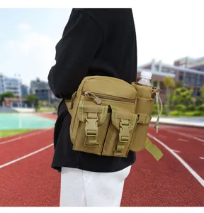 Outdoor tactical waist bag detail shot, multi-pocket running fanny pack with water bottle holder.