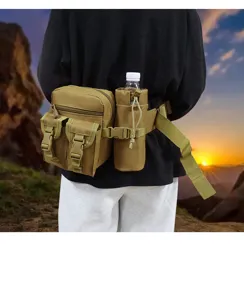 Tactical waist bag detail showing multi-compartment storage and convenient water bottle holder.