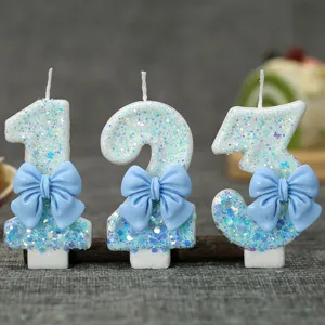 Creative Digital Number Birthday Cake Candle With Blue Bow And Glitter Sequins Party Baking Decorative Accessory