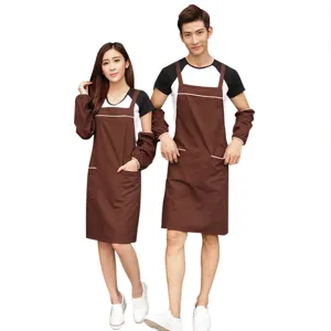 Solid color polyester cotton work apron set with pockets for men and women kitchen