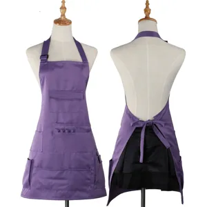 Purple multi-pocket halter apron, front and back view detail for kitchen restaurant work.
