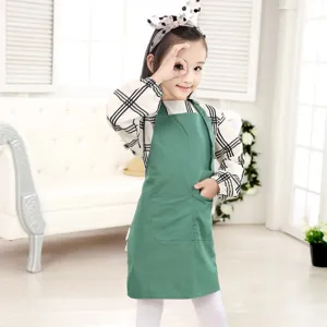 Children solid color dark green apron with pocket, comfortable poly-cotton fabric for kids art.