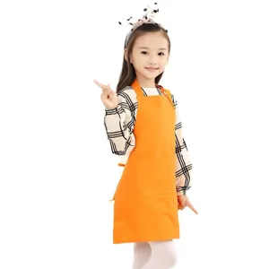 Bright orange kids apron with front pocket, perfect for kindergarten art painting and cooking.