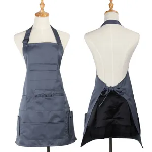Dark grey multi-pocket halter work apron for restaurant cafe shop uniform front view style