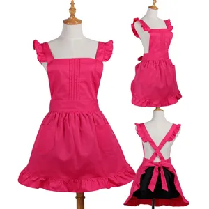 Korean style solid color women apron with ruffles, perfect for kitchen, cafe and nail salon.