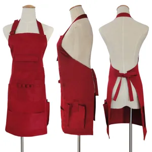 Red solid color multi-pocket halter apron for kitchen cafe restaurant cooking staff main view