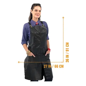 Detailed view of the durable cross-back work apron showcasing dimensions and multiple pockets.
