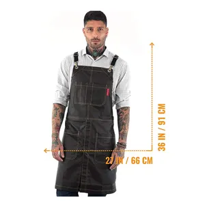 Professional waxed canvas work apron with cross straps and multi pockets for woodworking.