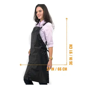 Black cross-back work apron with multiple pockets for woodworking, kitchen and gardening tasks.