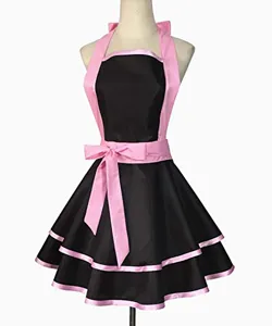 Black and pink cute ruffle cooking apron with bow and double layer skirt for women daily wear.