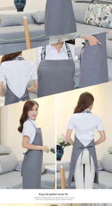 Korean style grey halter apron with pockets, comfortable workwear for kitchen, cafe and baking use.