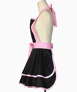 Detailed side view of the black and pink ruffled apron, showing double skirt and bow trim.