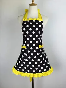 Vintage black white polka dot apron with yellow ruffles, cute halter neck cooking baking apron.