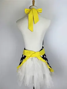 Retro polka dot halter apron with yellow bow and tutu skirt, perfect for maid costume wear.
