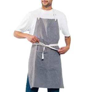 Professional cotton linen work apron with adjustable straps and deep pockets for kitchen.
