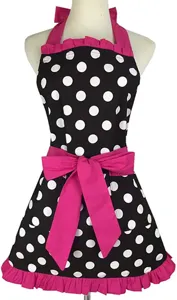 Retro black white polka dot apron detail, pink ruffles and cute waist bow design.