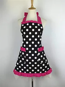 Vintage black white polka dot apron with pink ruffles bow kitchen baking apron women