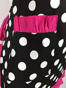 Vintage polka dot apron with pink ruffle pockets, classic retro kitchen cooking apron for women.