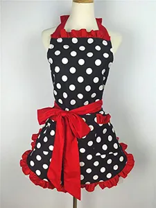 Vintage polka dot ruffle halter apron women kitchen cooking baking dress cute maid workwear