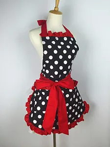 Retro black white polka dot apron red ruffle bow maid waitress work kitchen cook dress