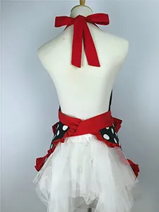 Retro polka dot halter apron with red bow and white tutu skirt, perfect for women's kitchen work.