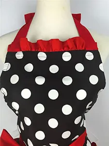 Retro cotton polka dot apron with halter neck, ruffles and bow, detail view for maid and waitresses.