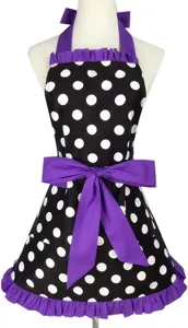 Retro polka dot apron detail, featuring purple ruffles, halter neck, and cute waist bow design.