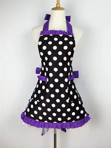 Retro black white polka dot apron with purple ruffles and bows, cute maid server work dress