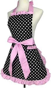 Retro black and white polka dot apron with pink ruffles and big bow, detailed view of maid style.