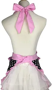 Retro polka dot halter apron back view detail featuring pink bow and layered ruffles.