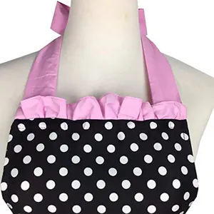 Retro black white polka dot apron detail, sweet pink ruffle halter neck bow design.