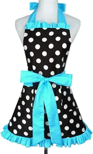 Retro black white polka dot apron with bright blue ruffles and big bow for women cooking.
