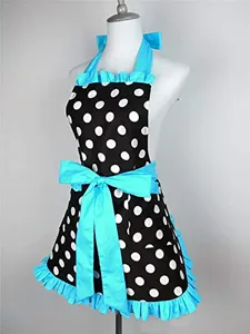 Vintage black white polka dot apron with blue ruffles big bow cute women kitchen cooking work dress