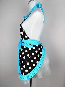 Retro polka dot halter apron featuring vibrant blue ruffles, bow accents, and layered hem.