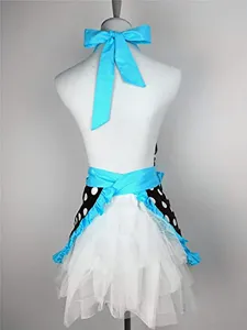 Detail view of the maid apron back design featuring blue bow, polka dot ruffles, and petticoat.