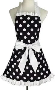 Vintage black white polka dot apron ruffle detail big bow back neck strap kitchen cooking