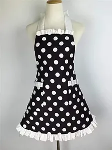 Retro black white polka dot cotton apron with halter neck, ruffles and pockets for women.
