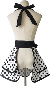 Retro polka dot apron detail, featuring a large black bow and cute ruffled hem design.