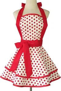 Details of vintage red white polka dot halter apron with ruffled skirt and cute bow.