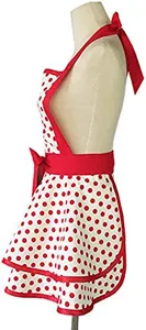 Retro polka dot cotton apron with halter neck, double ruffles and waist bow for women.