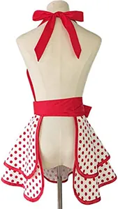Back detail view of vintage red polka dot halter apron with double ruffles and cute bow.
