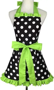 Retro black white polka dot apron detail, bright green ruffles and waist bow design.