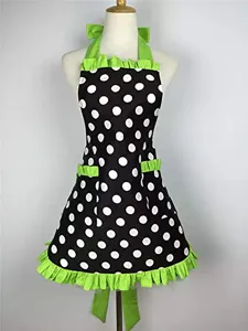 Black and white polka dot apron with bright green ruffles, neck bow, and pockets.