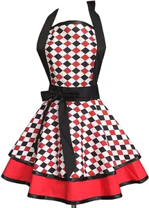 Detailed view of the vintage retro apron, diamond pattern and elegant ruffled hem design.
