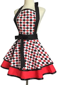 Vintage retro style red black and white diamond pattern apron with ruffle hem and bow detail.