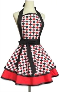 Vintage halter apron with red and black diamond pattern and bowknot for women cooking.