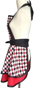 Retro red and black plaid maid apron detail, featuring ruffled hem and neck bow tie.