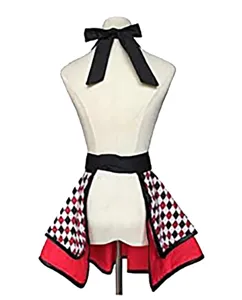 Retro maid apron detail showing black halter bow, black waistband and checkerboard ruffle hem.